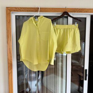 NWT LMND Lemon Button-Up Cotton Poplin Shirt + Shorts SET, Neon Yellow